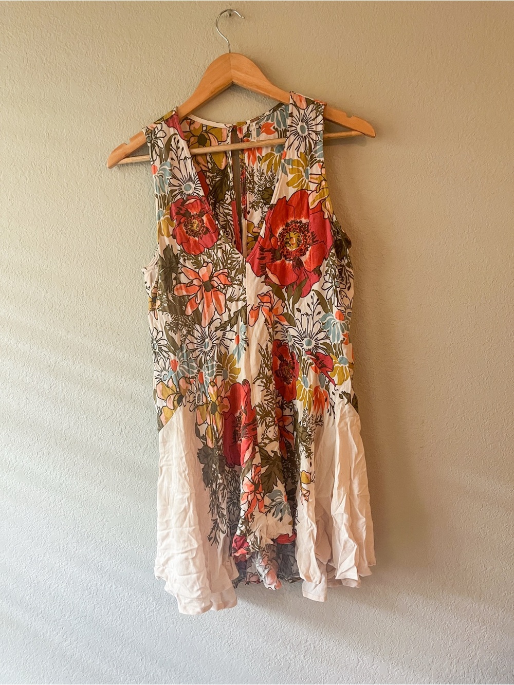 Free People Floral Mini Dress Backyard Party Cream Floral Asymmetrical Hem XS